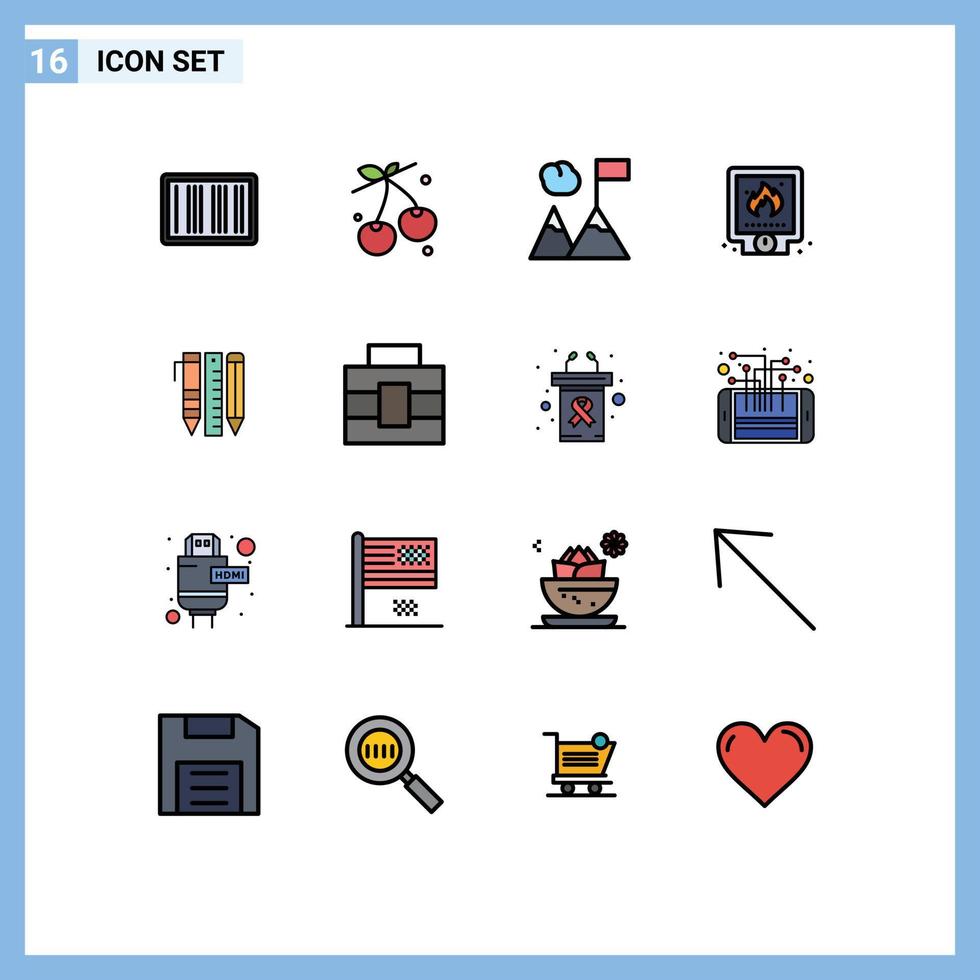 User Interface Pack of 16 Basic Flat Color Filled Lines of essential tools fire business system plumber Editable Creative Vector Design Elements