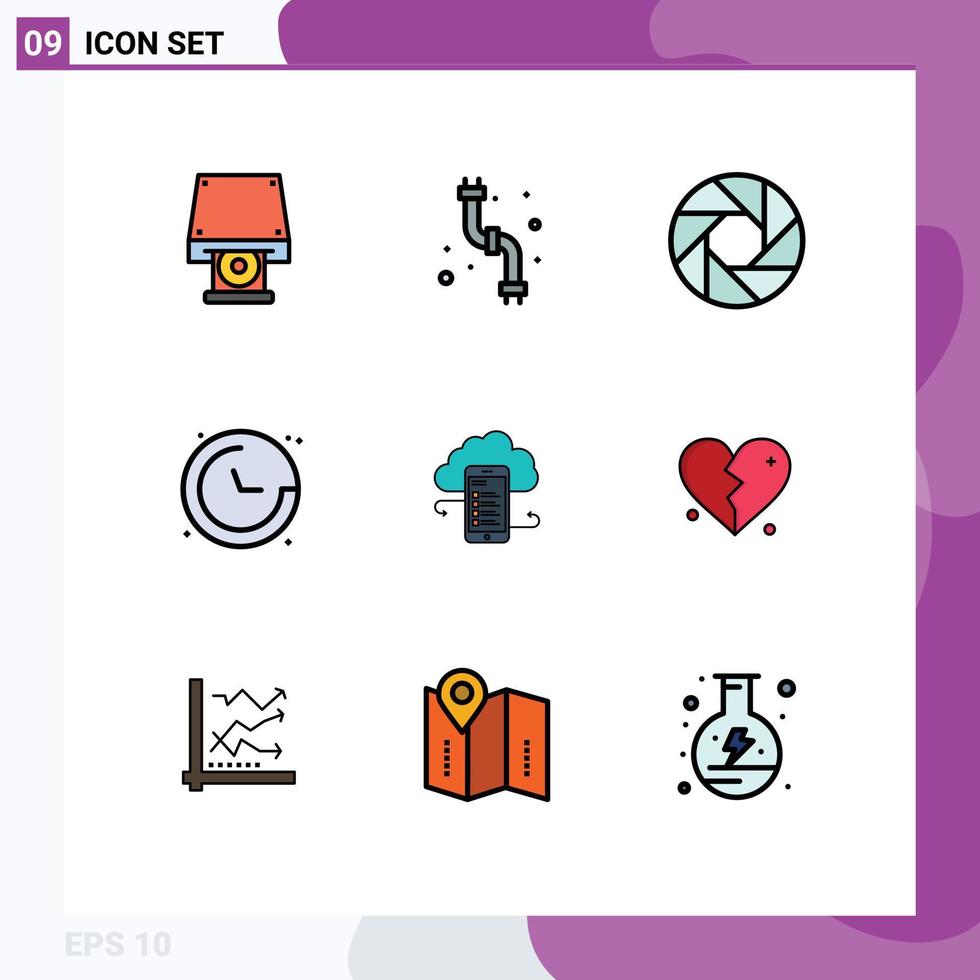 Editable Vector Line Pack of 9 Simple Filledline Flat Colors of business navigation aperture location compass Editable Vector Design Elements