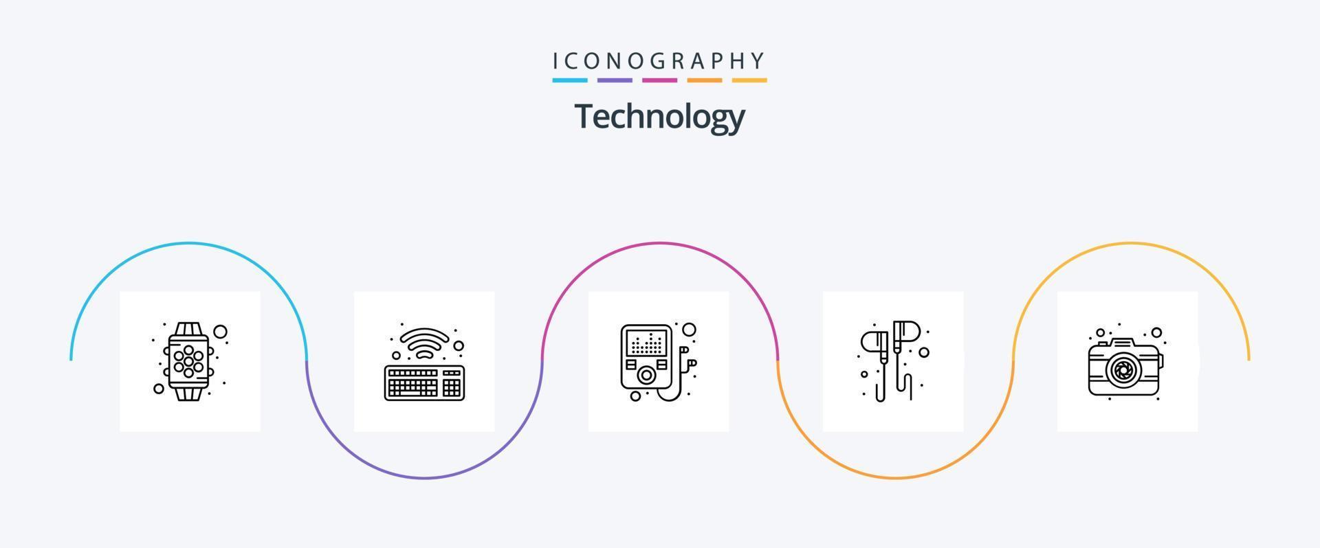 Technology Line 5 Icon Pack Including lens. photo. mp p. camera. music vector