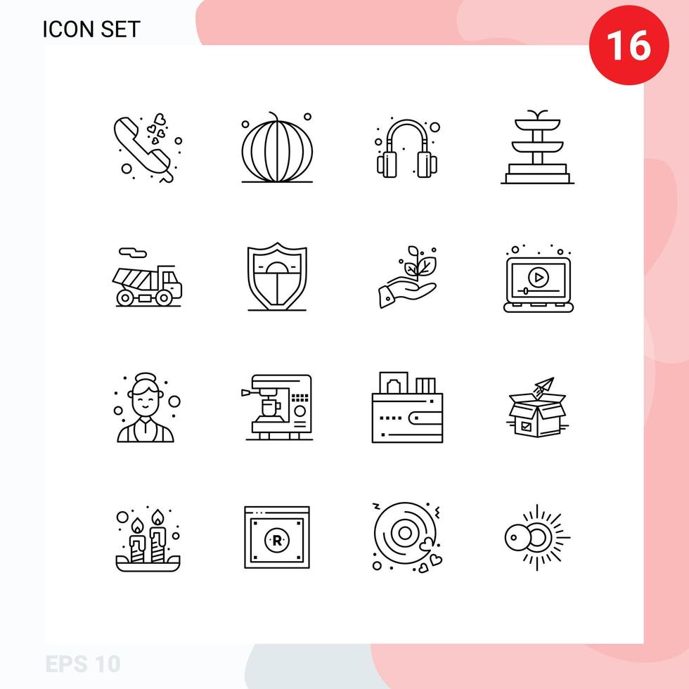 Mobile Interface Outline Set of 16 Pictograms of shield quad vegetables bike fountain Editable Vector Design Elements