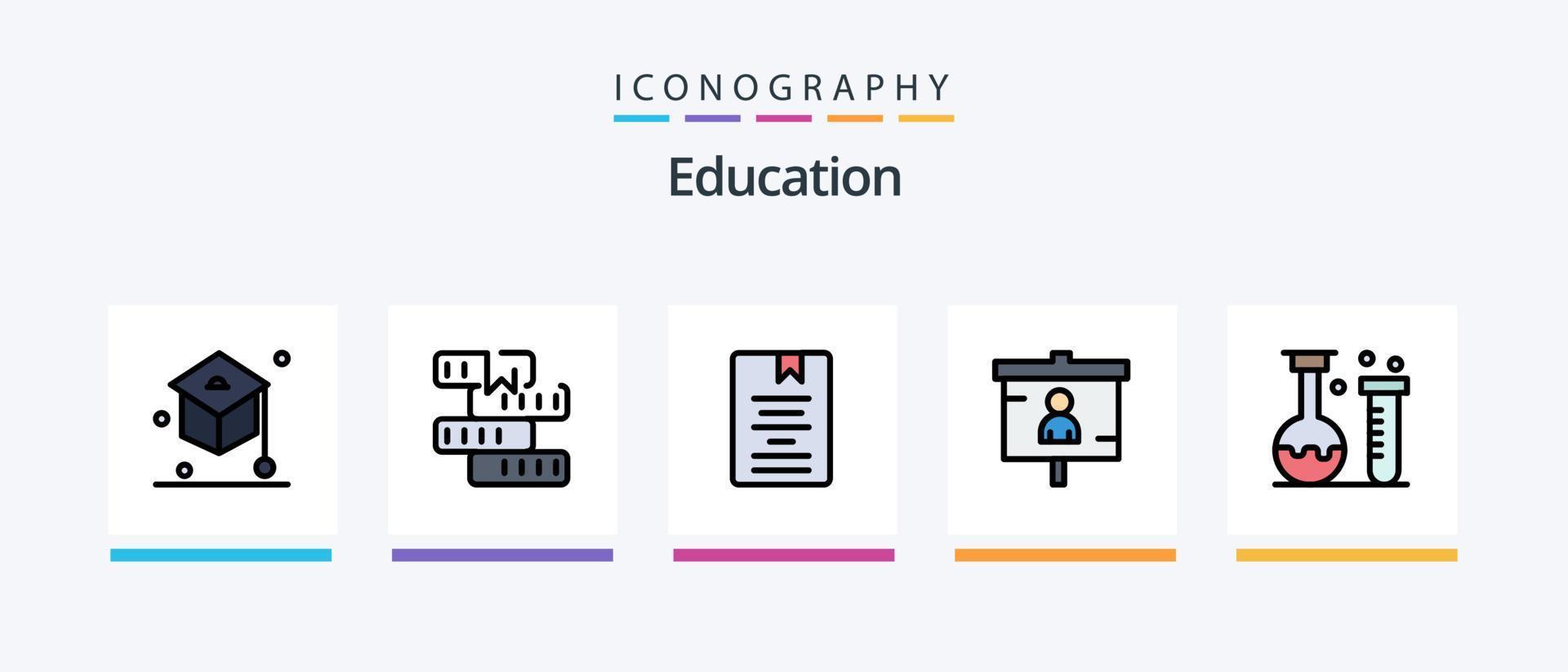 la línea de educación llenó el paquete de 5 iconos, incluida la educación. libro. laboratorio. estudiar. conocimiento. diseño de iconos creativos vector