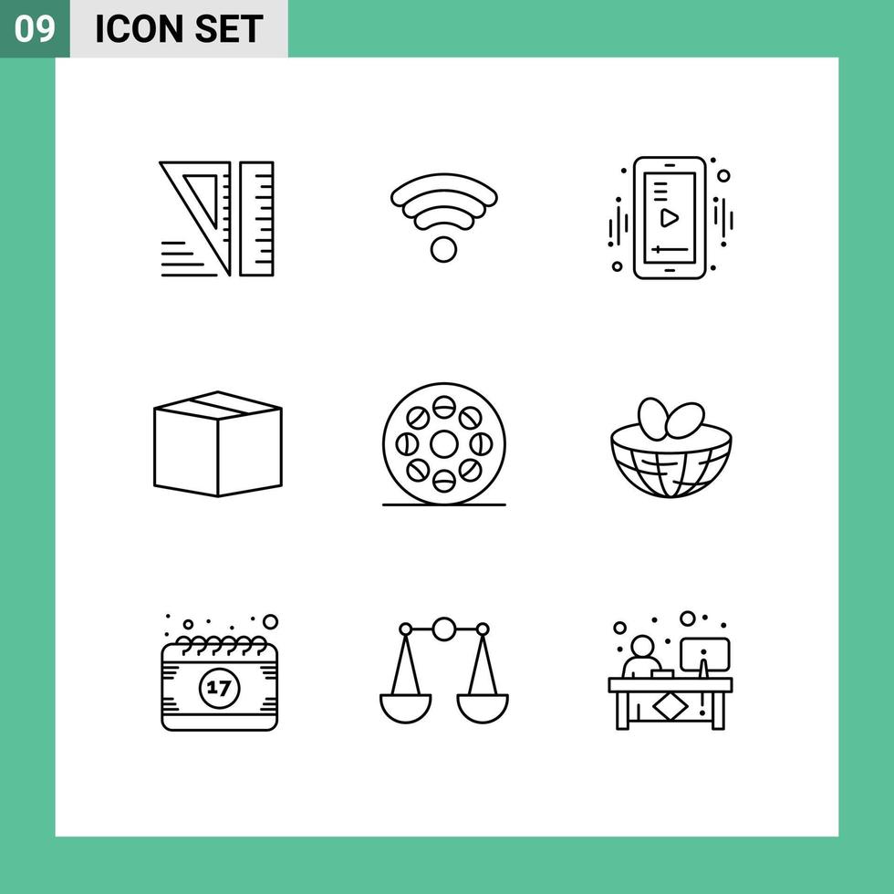 Pack of 9 Modern Outlines Signs and Symbols for Web Print Media such as eggs roll player movie product Editable Vector Design Elements
