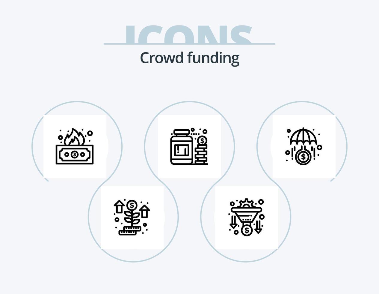 paquete de iconos de línea de crowdfunding 5 diseño de iconos. cuadrícula circular. dinero. grafico. inversión. fondo vector