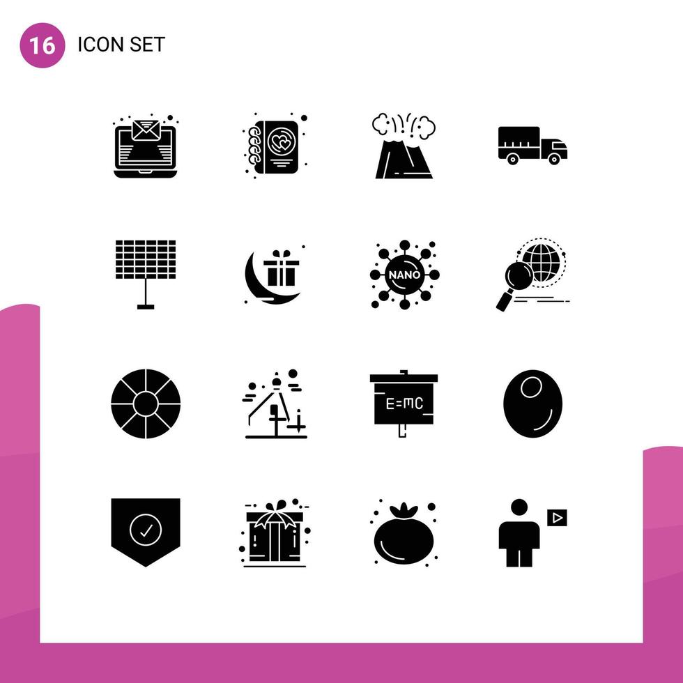 16 Thematic Vector Solid Glyphs and Editable Symbols of eco truck eruption transport delivery Editable Vector Design Elements
