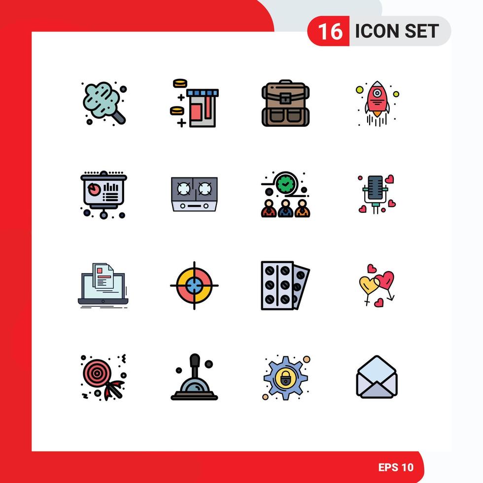 Set of 16 Vector Flat Color Filled Lines on Grid for education business backpack spaceship launch Editable Creative Vector Design Elements