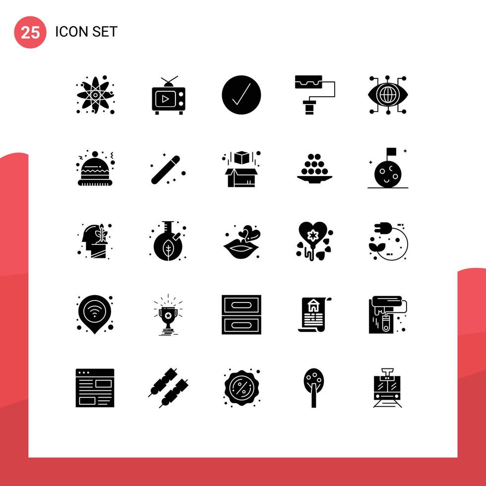 Modern Set of 25 Solid Glyphs and symbols such as technology data video roller ok Editable Vector Design Elements