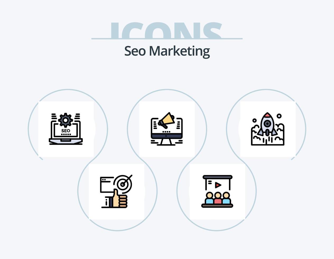 línea de marketing seo paquete de iconos llenos 5 diseño de iconos. negocio. lanzar. sitio web. hasta. usuario vector