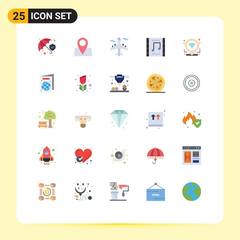 Flat Color Pack of 25 Universal Symbols of check in music concert airplane music celebration Editable Vector Design Elements