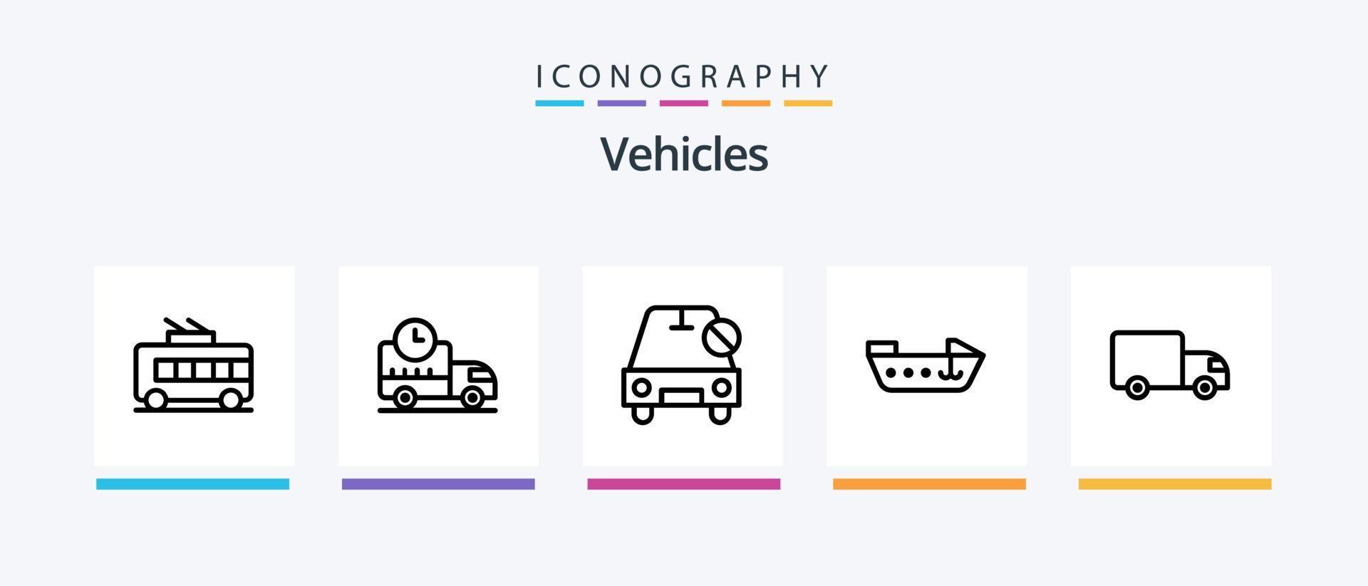 paquete de iconos de la línea 5 de vehículos que incluye vehículos. importante. autobús. coche. tienda sobre ruedas. diseño de iconos creativos vector