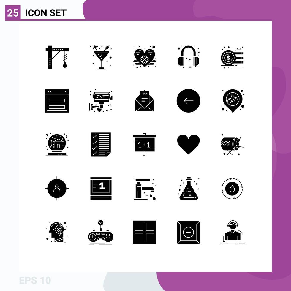 Universal Icon Symbols Group of 25 Modern Solid Glyphs of currency headphone water support communications Editable Vector Design Elements