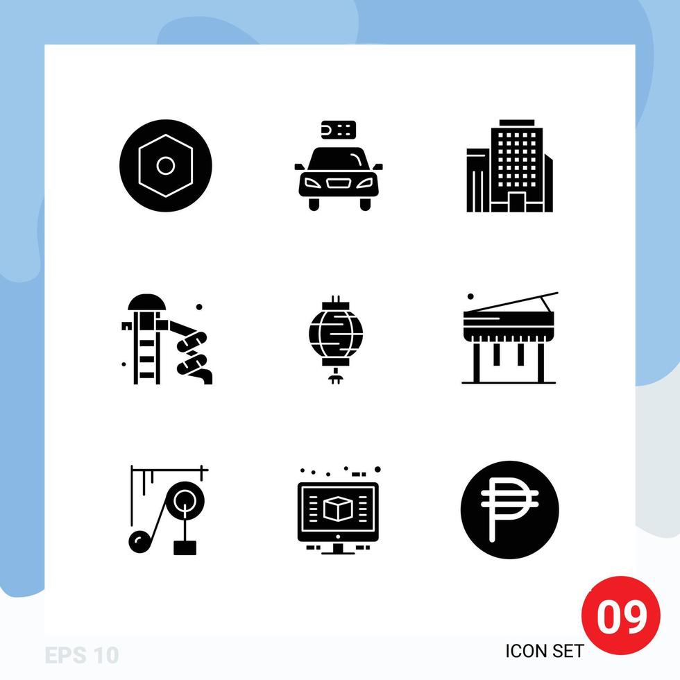 9 Thematic Vector Solid Glyphs and Editable Symbols of chinese lantern office park slider Editable Vector Design Elements