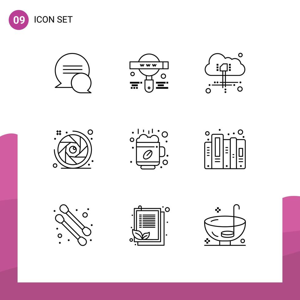 Pack of 9 creative Outlines of cup break computing hot camera shutter Editable Vector Design Elements