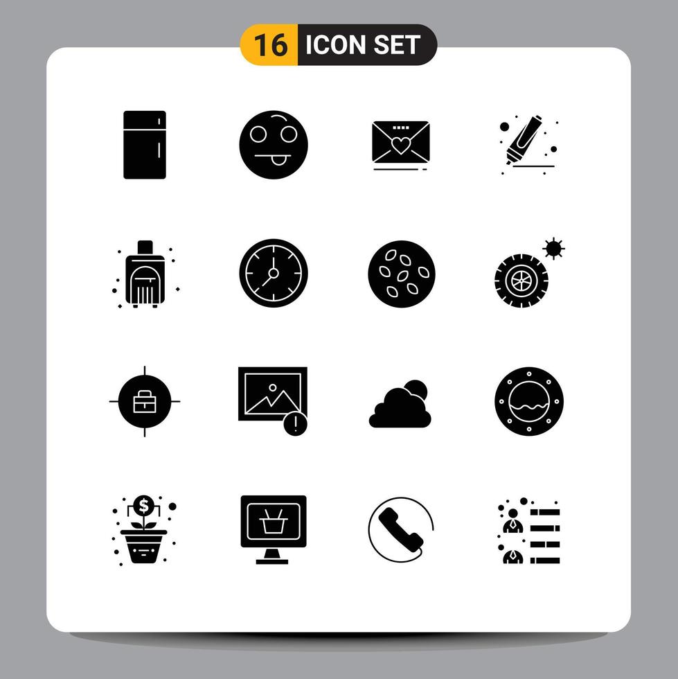 Modern Set of 16 Solid Glyphs and symbols such as travel bag sms marker drawing Editable Vector Design Elements