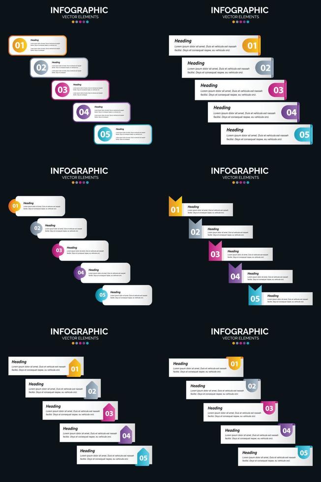 plantilla de diapositiva de presentación del paquete de infografías vectoriales 6 diagramas de ciclo de 5 pasos y líneas de tiempo vector