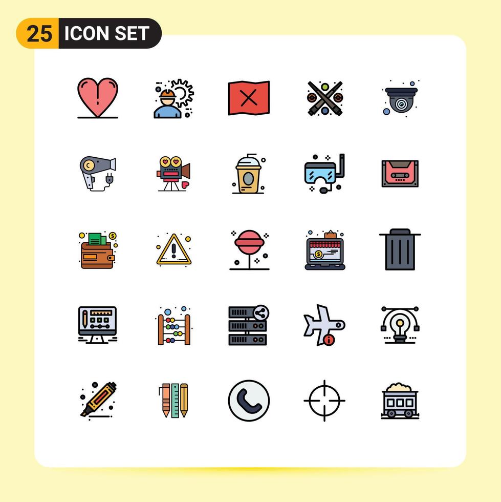 conjunto moderno de 25 colores planos de línea rellena pictograma de ubicación de cámara de diseño jugar elementos de diseño de vector editables divertidos