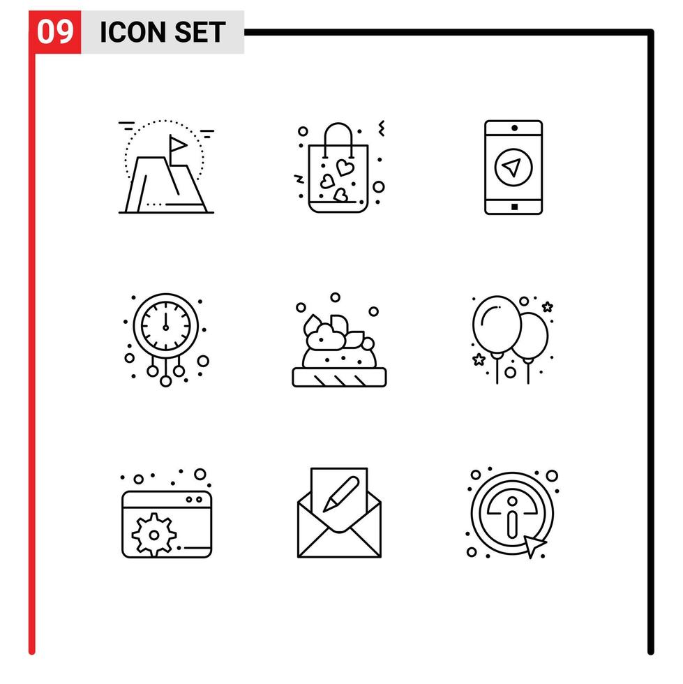 9 Universal Outlines Set for Web and Mobile Applications watch new year shopping midnight poniter Editable Vector Design Elements