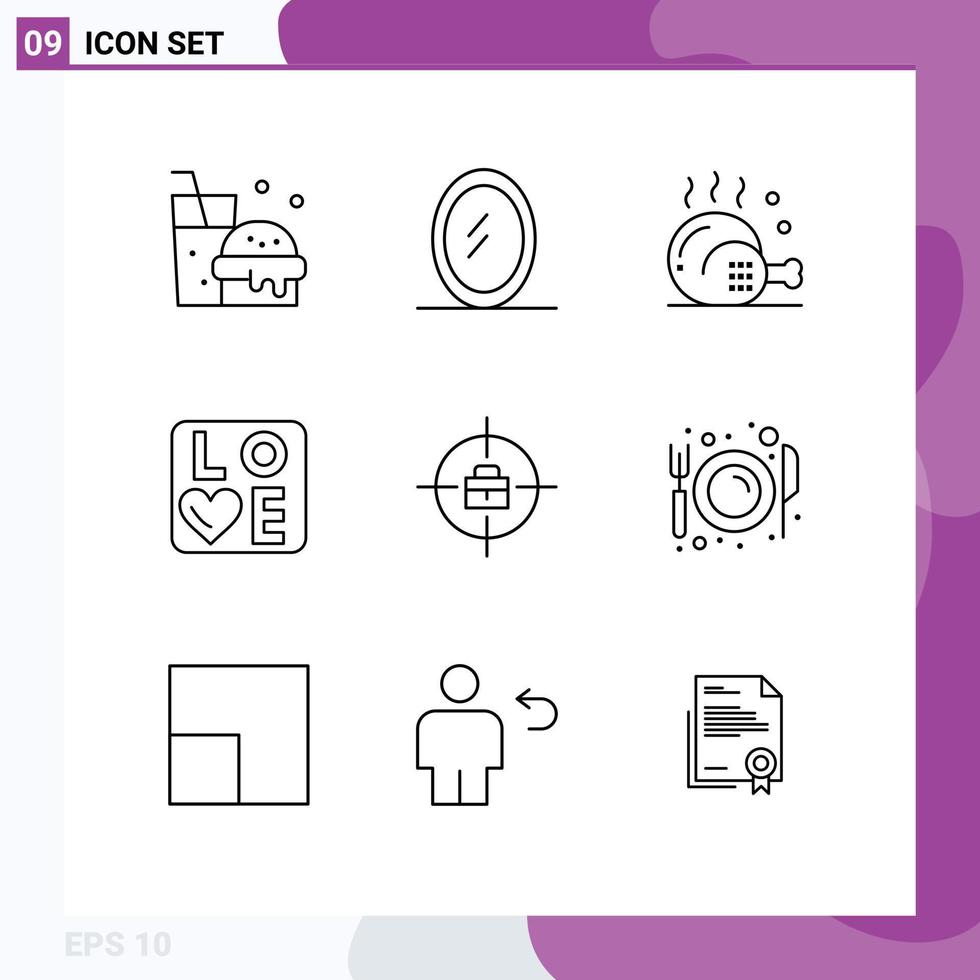 Pack of 9 Modern Outlines Signs and Symbols for Web Print Media such as dining bag food target heart Editable Vector Design Elements