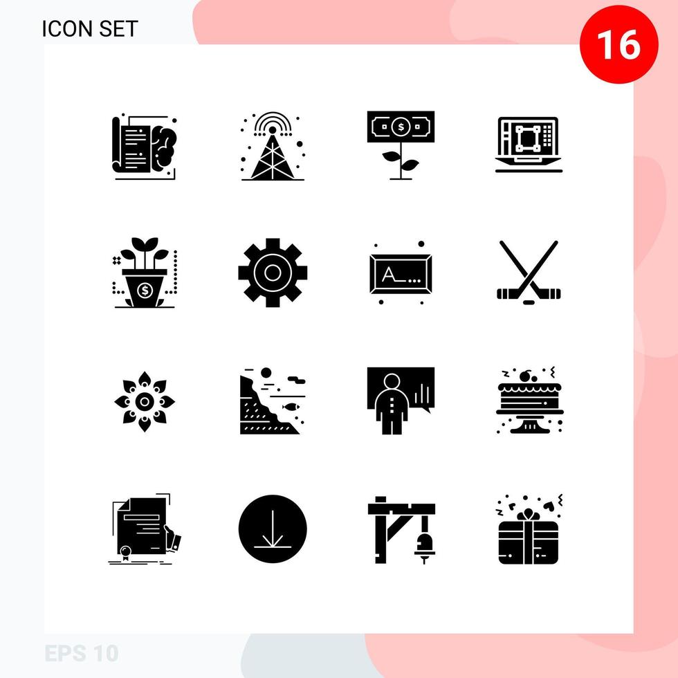 User Interface Pack of 16 Basic Solid Glyphs of finance enhance dollar designing tool laptop Editable Vector Design Elements
