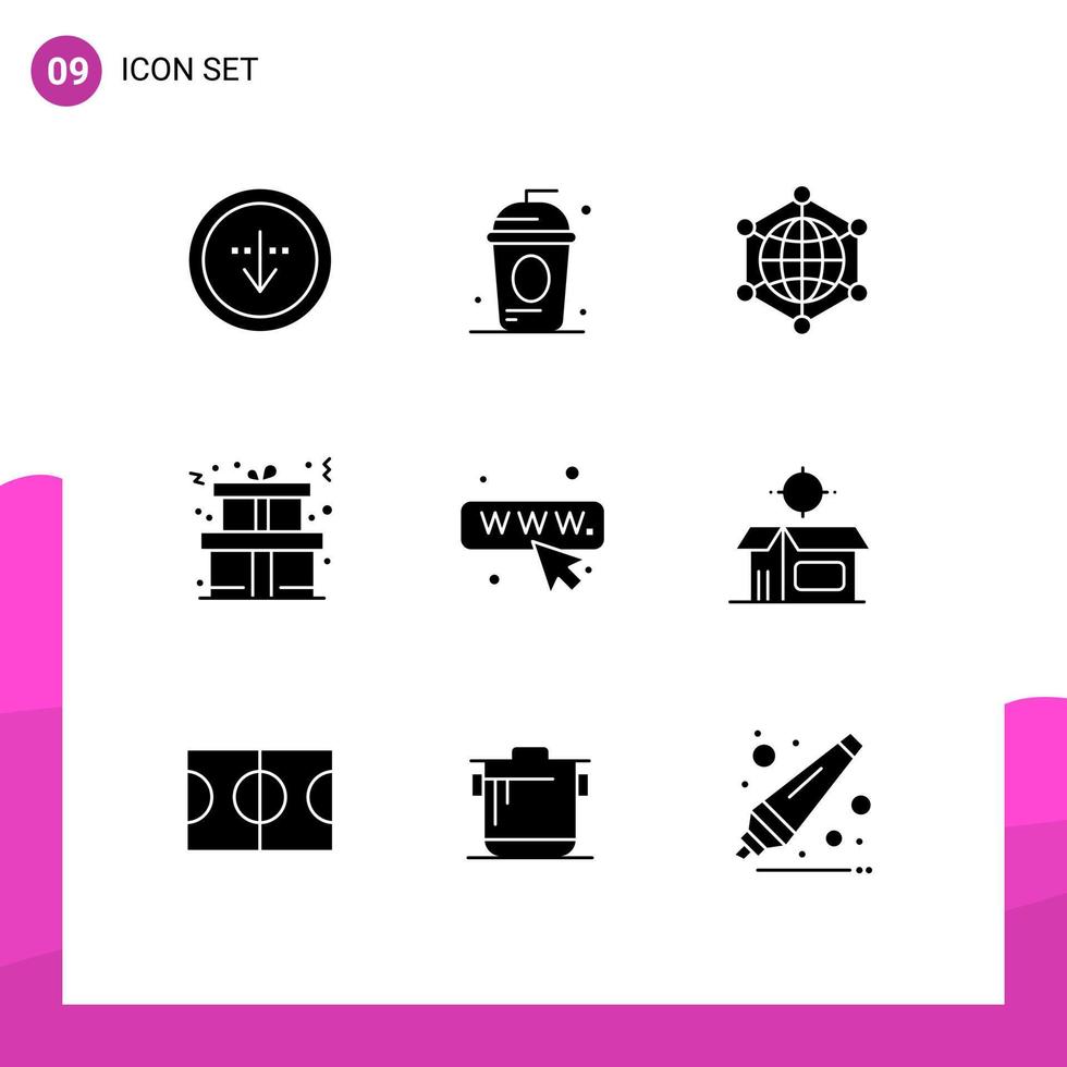 Pack of 9 creative Solid Glyphs of present christmas holiday internet server Editable Vector Design Elements