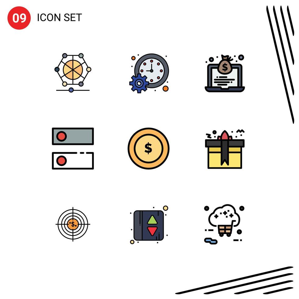 Set of 9 Vector Filledline Flat Colors on Grid for coin system time setting money Editable Vector Design Elements