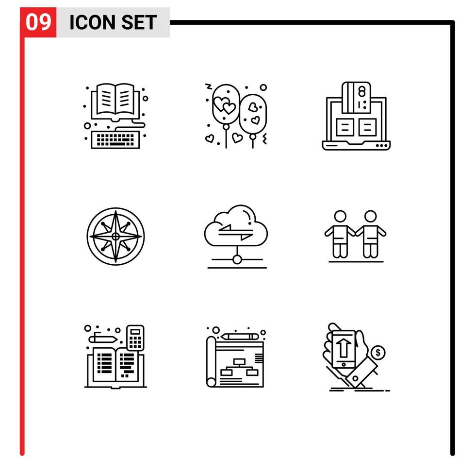 Mobile Interface Outline Set of 9 Pictograms of navigation compass party payment financial Editable Vector Design Elements