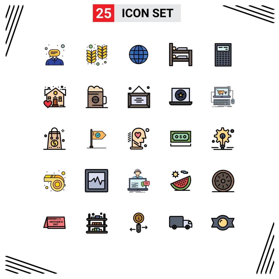 Mobile Interface Filled line Flat Color Set of 25 Pictograms of device calculate world room bed Editable Vector Design Elements