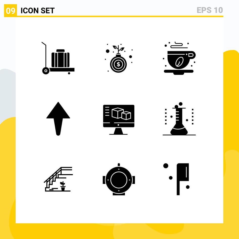 Group of 9 Modern Solid Glyphs Set for erlenmeyer flask computing coffee box computer Editable Vector Design Elements