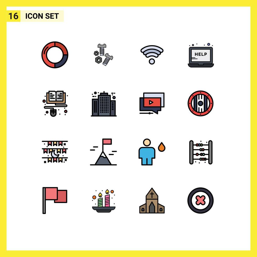 Group of 16 Modern Flat Color Filled Lines Set for learning course technology support laptop Editable Creative Vector Design Elements