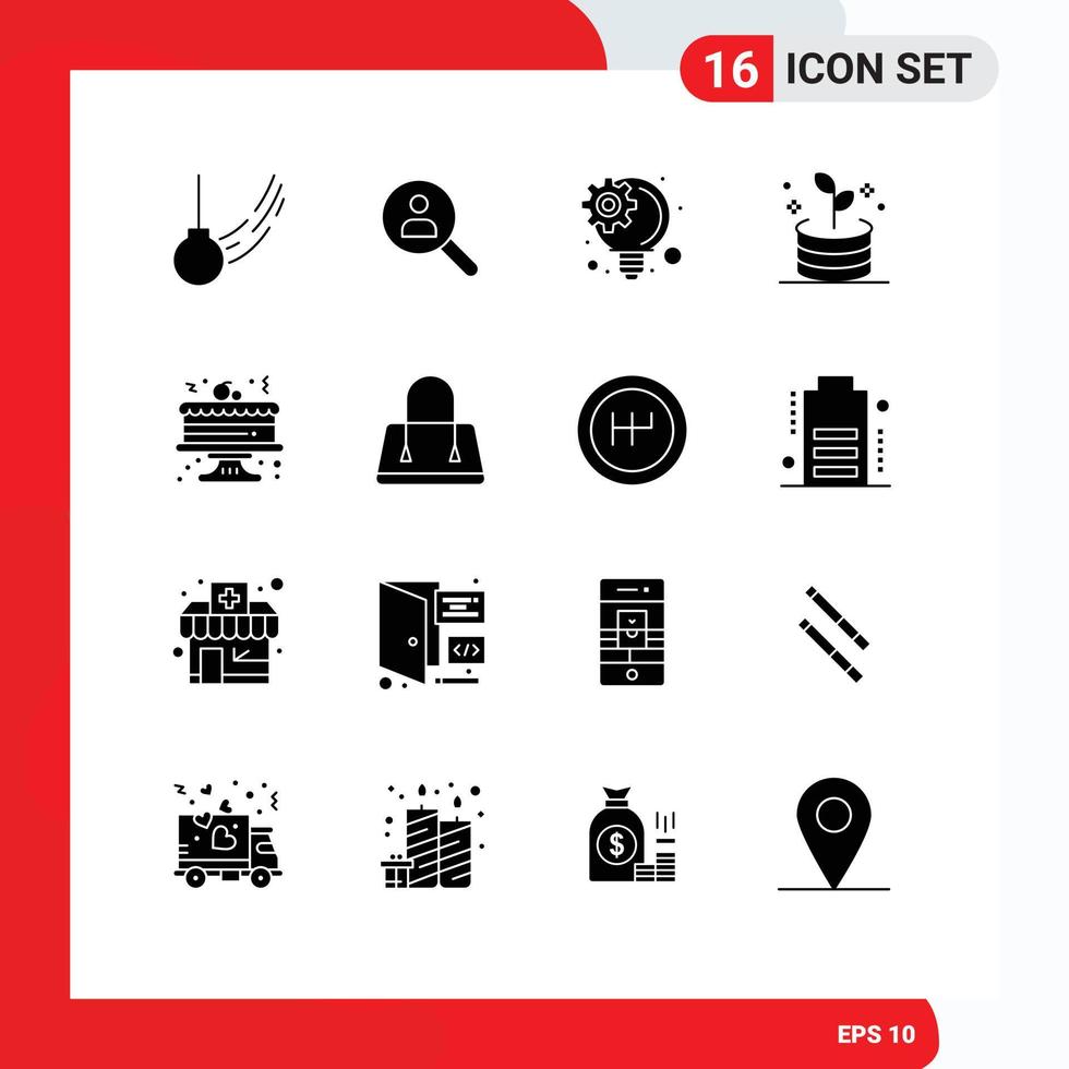 16 Universal Solid Glyphs Set for Web and Mobile Applications celebration money people investment innovative process Editable Vector Design Elements