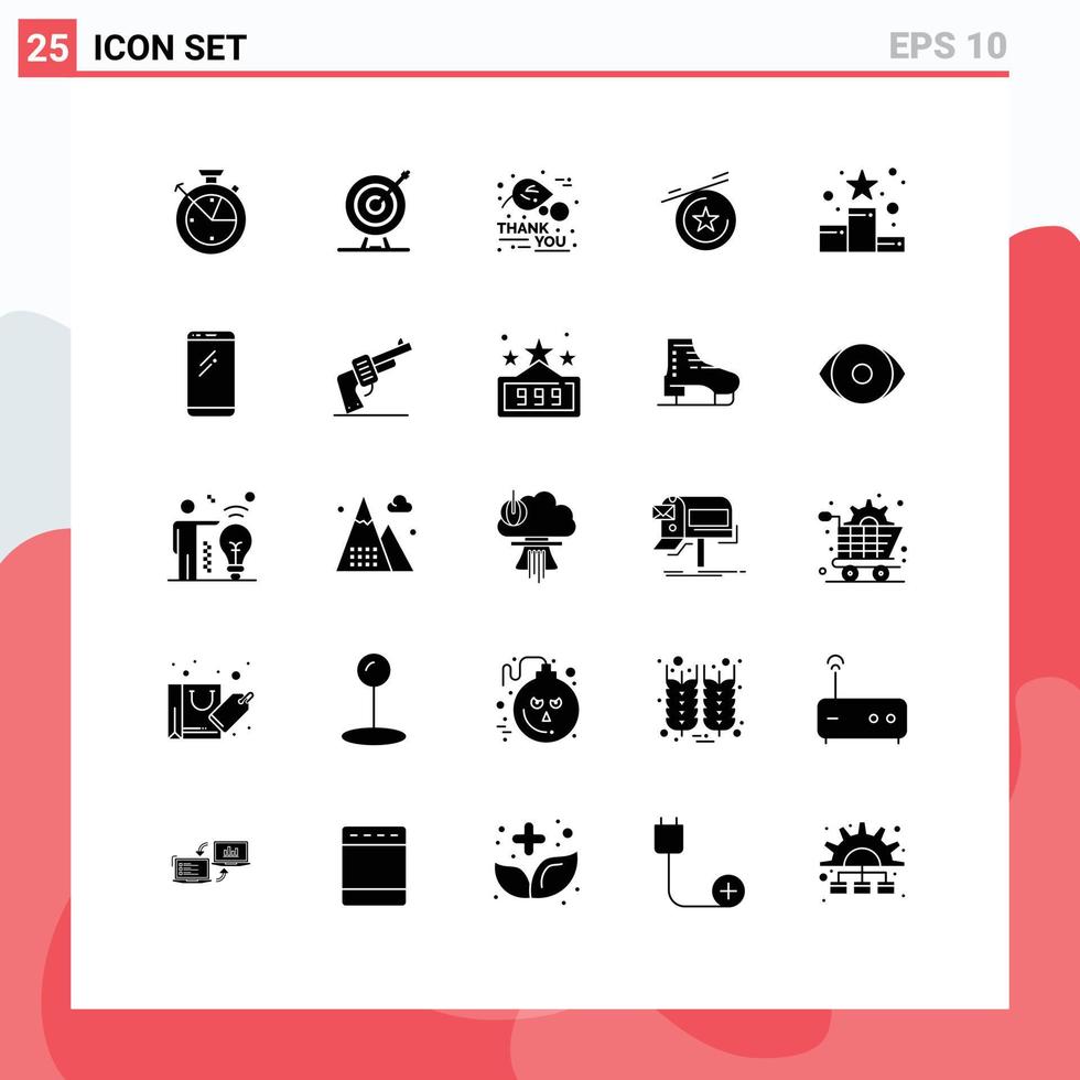 Mobile Interface Solid Glyph Set of 25 Pictograms of position star achievement goal medal thanksgiving Editable Vector Design Elements