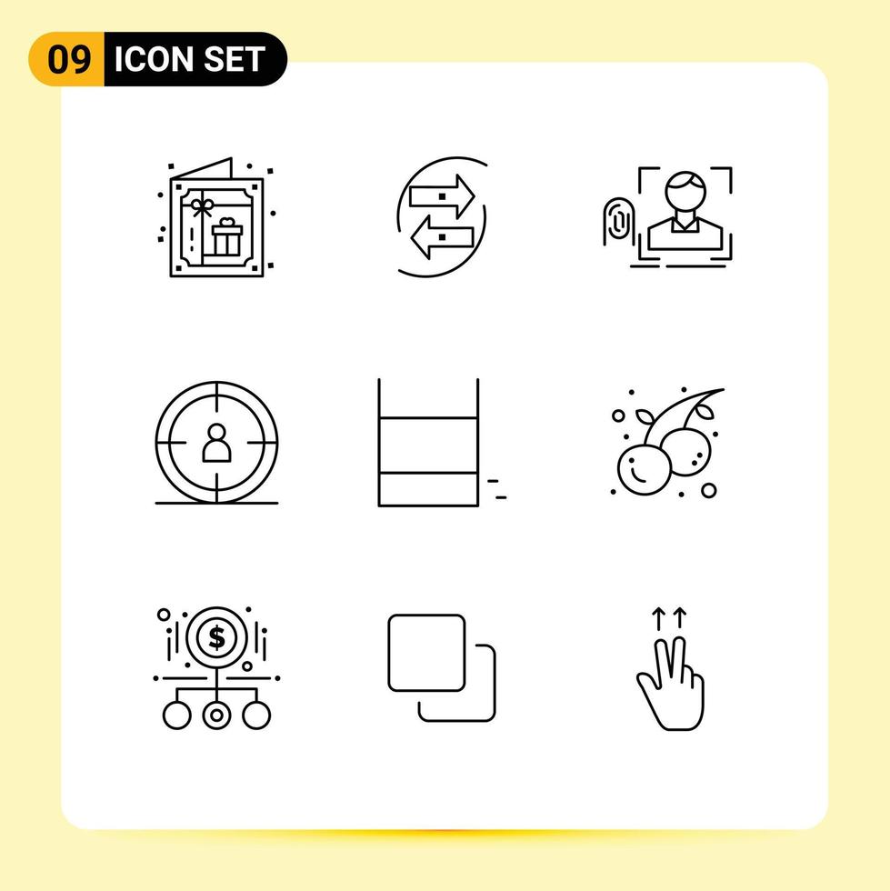 Modern Set of 9 Outlines Pictograph of user seo money scanning recognition Editable Vector Design Elements