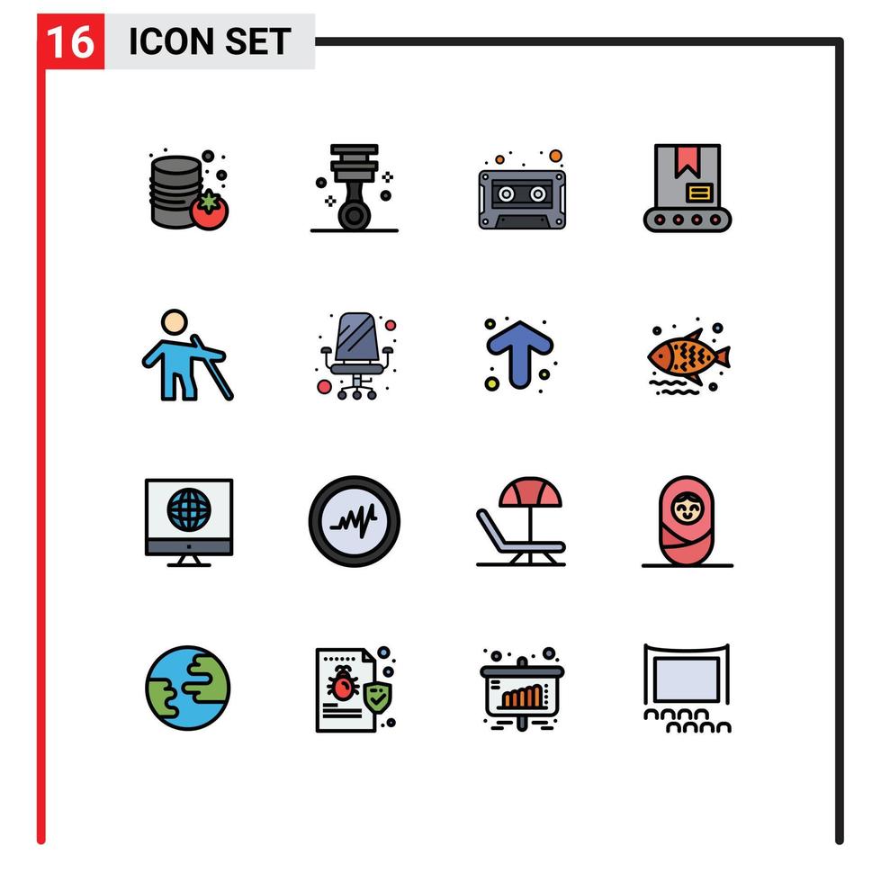 User Interface Pack of 16 Basic Flat Color Filled Lines of stick old audio cassette blind construction Editable Creative Vector Design Elements