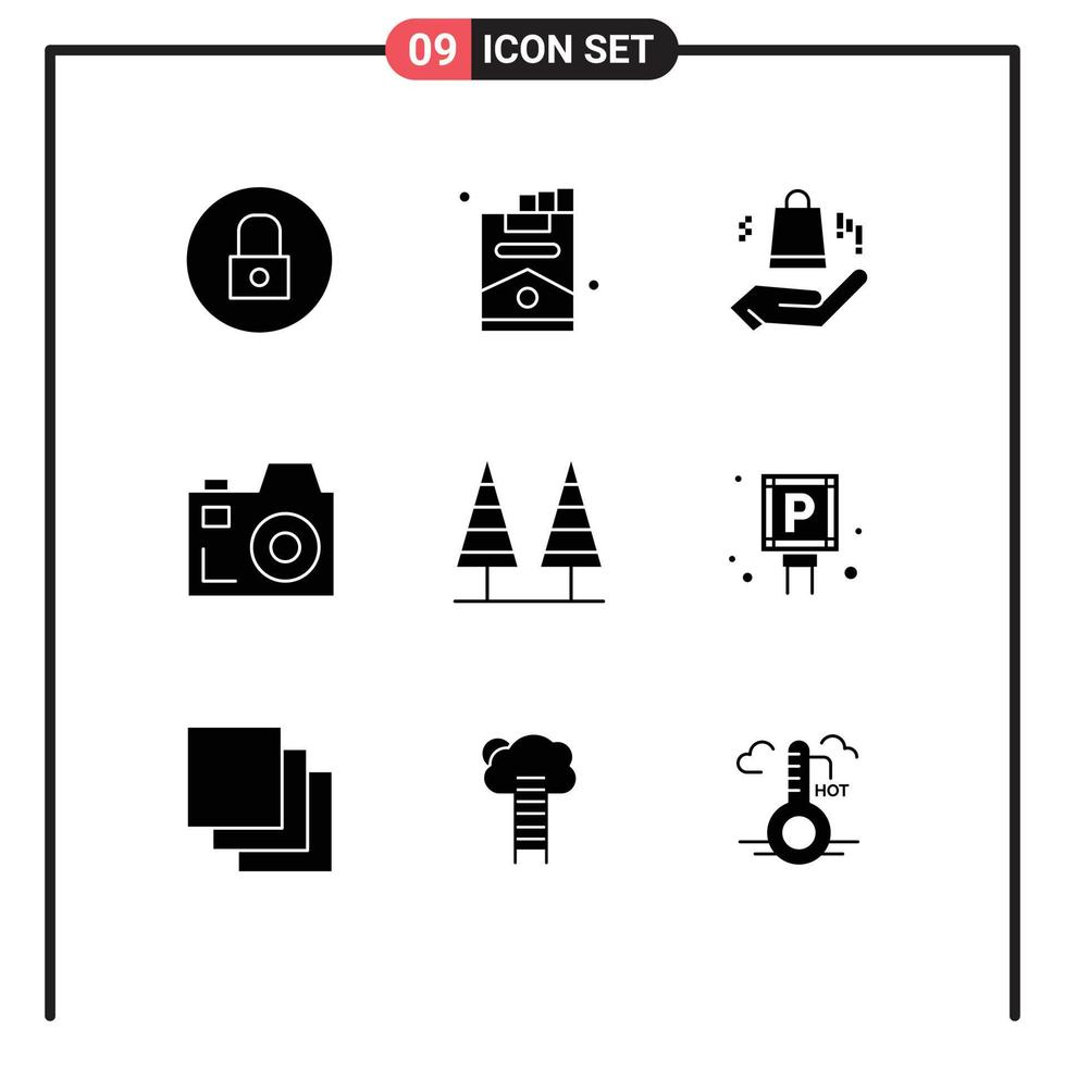 9 Thematic Vector Solid Glyphs and Editable Symbols of park forest ahnd eco communication Editable Vector Design Elements