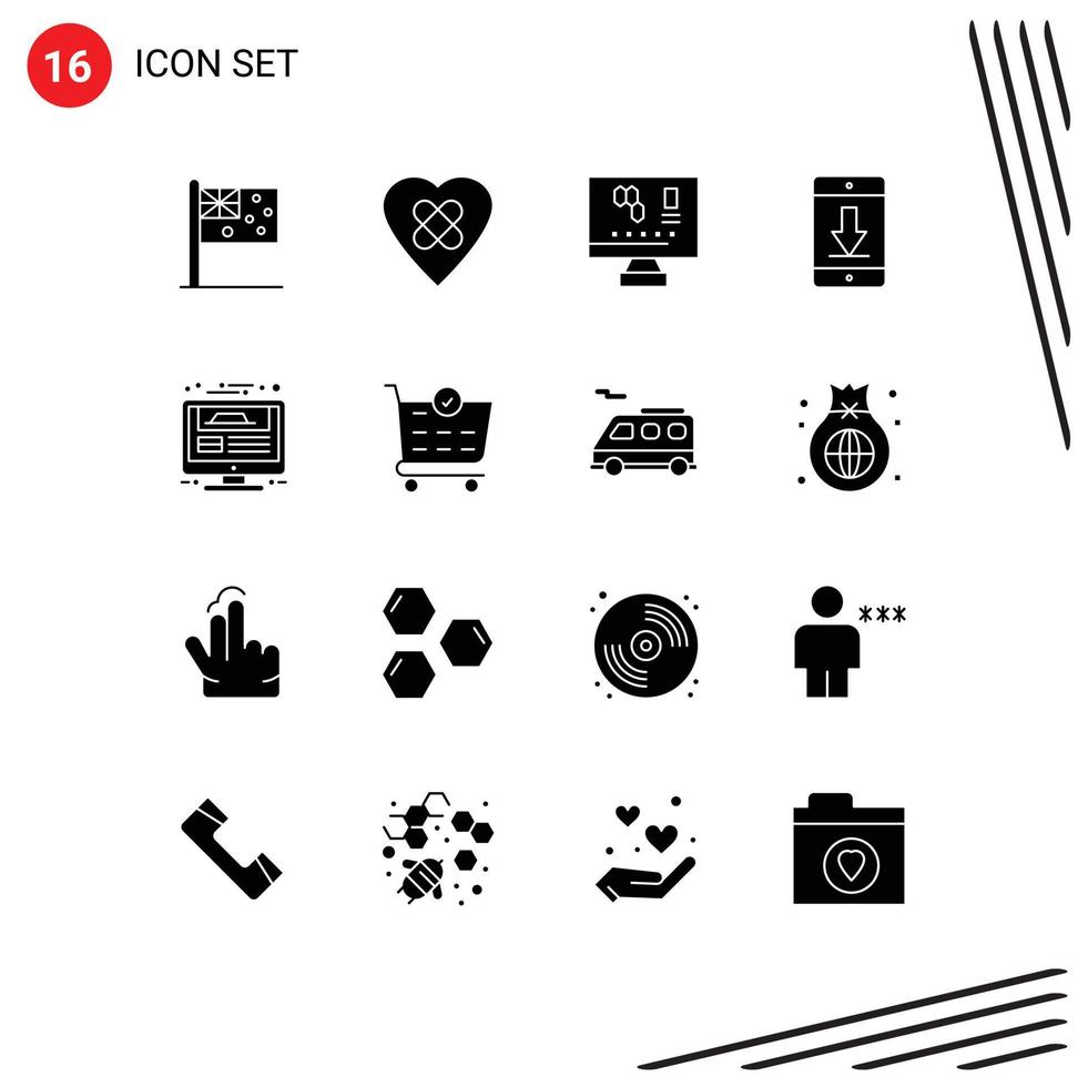 User Interface Pack of 16 Basic Solid Glyphs of web page mobile computer download device Editable Vector Design Elements