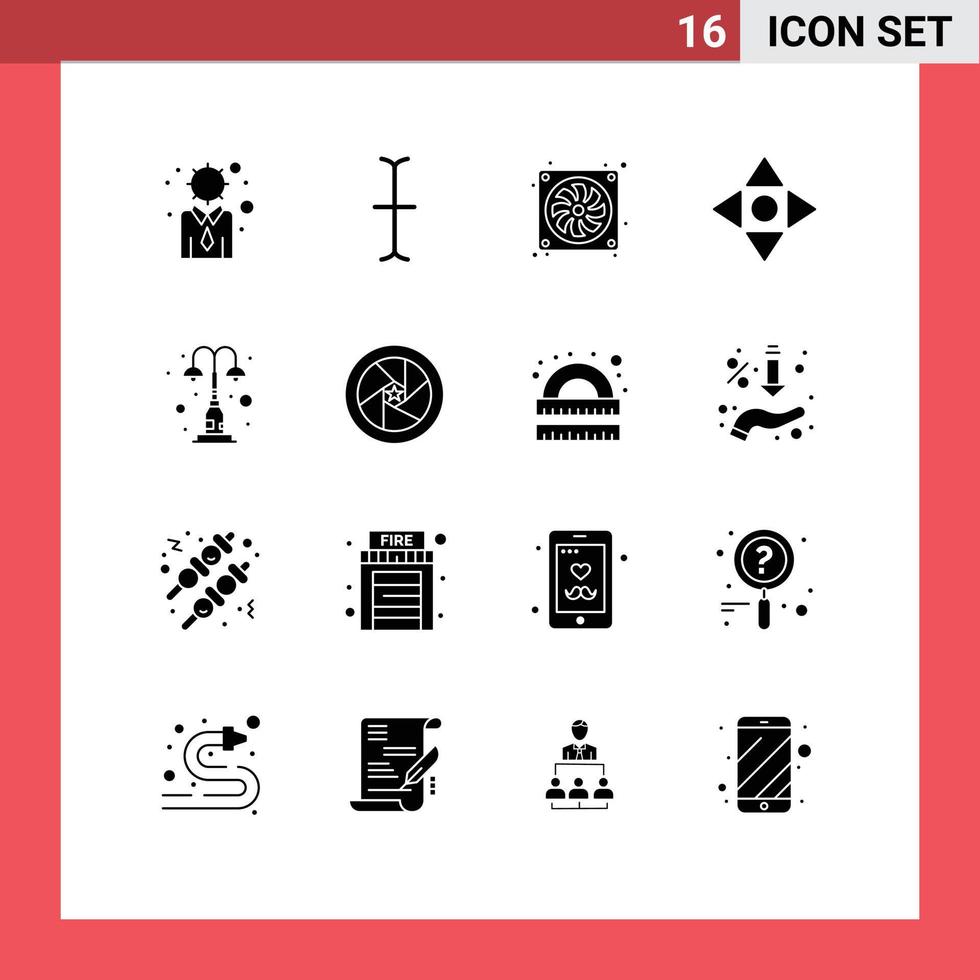 Pack of 16 Modern Solid Glyphs Signs and Symbols for Web Print Media such as street lights fan light navigate Editable Vector Design Elements
