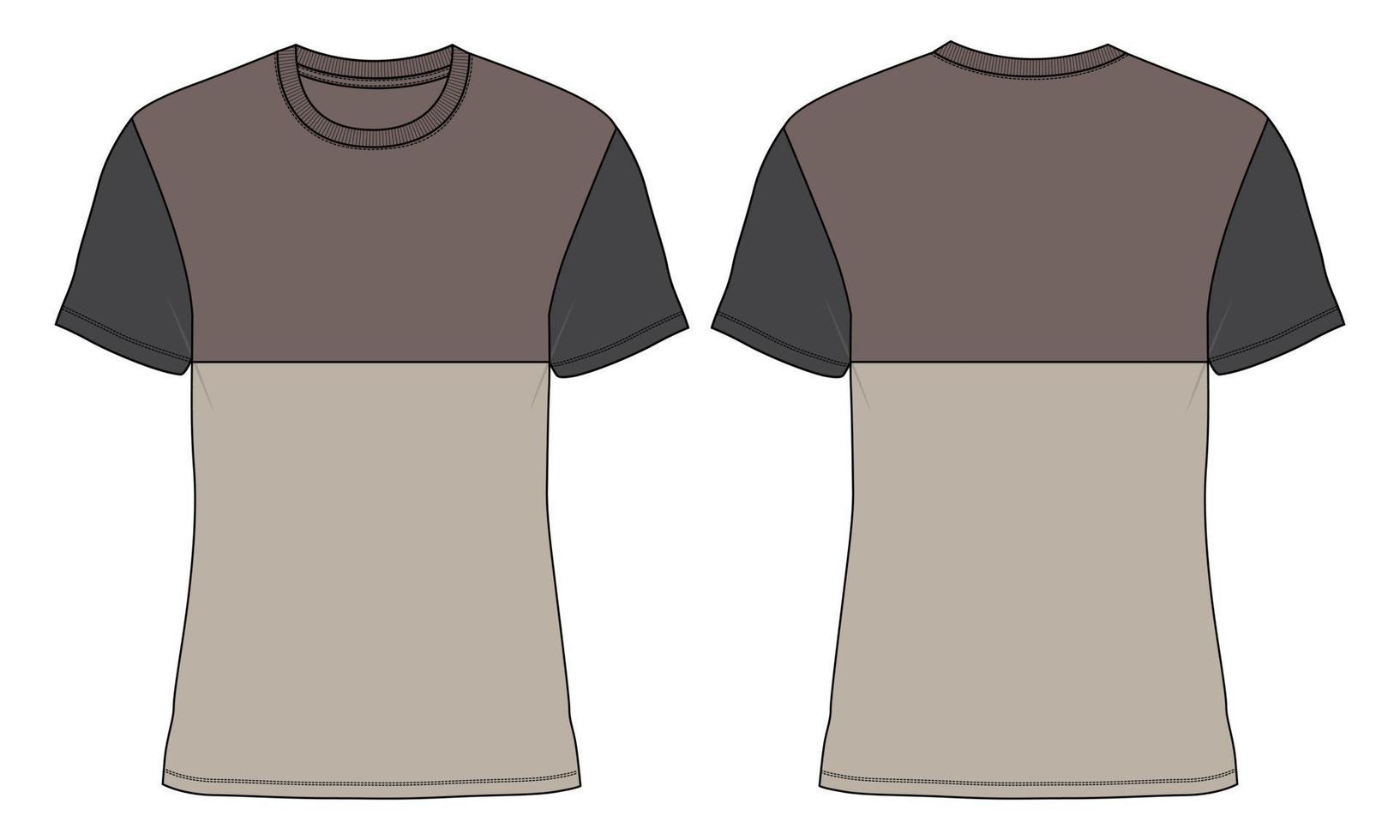Vista frontal y posterior de la plantilla de ilustración vectorial de boceto plano de moda técnica de camiseta de manga corta de ajuste regular. vector