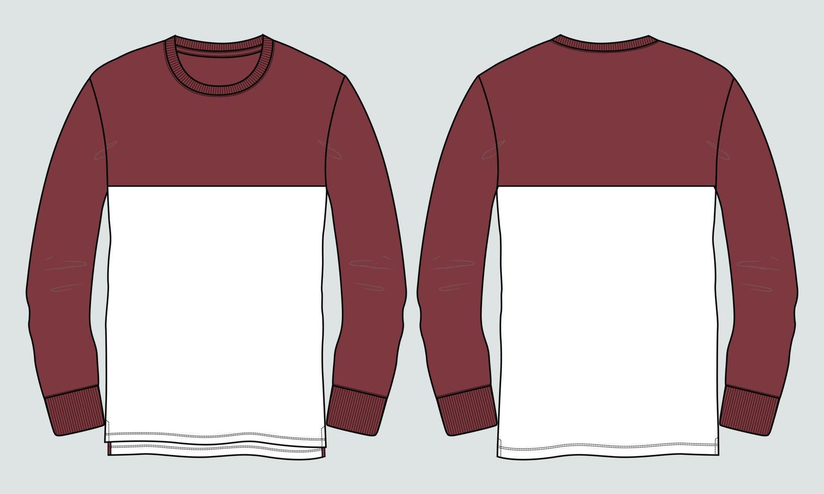 Long sleeve With chest cut and sew T shirt technical fashion Flat Sketch vector illustration template Front and back views.