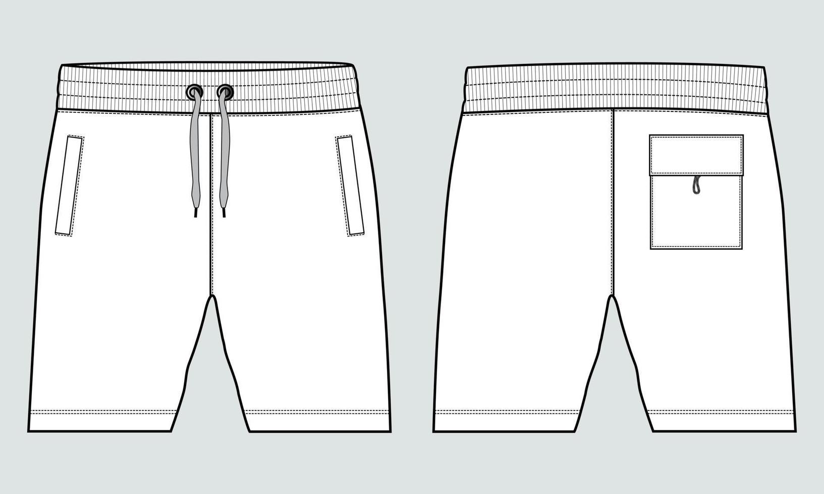 pantalones cortos de chándal para niños, dibujo técnico, plantilla de ilustración de vector de boceto plano de moda, vistas frontal y posterior.