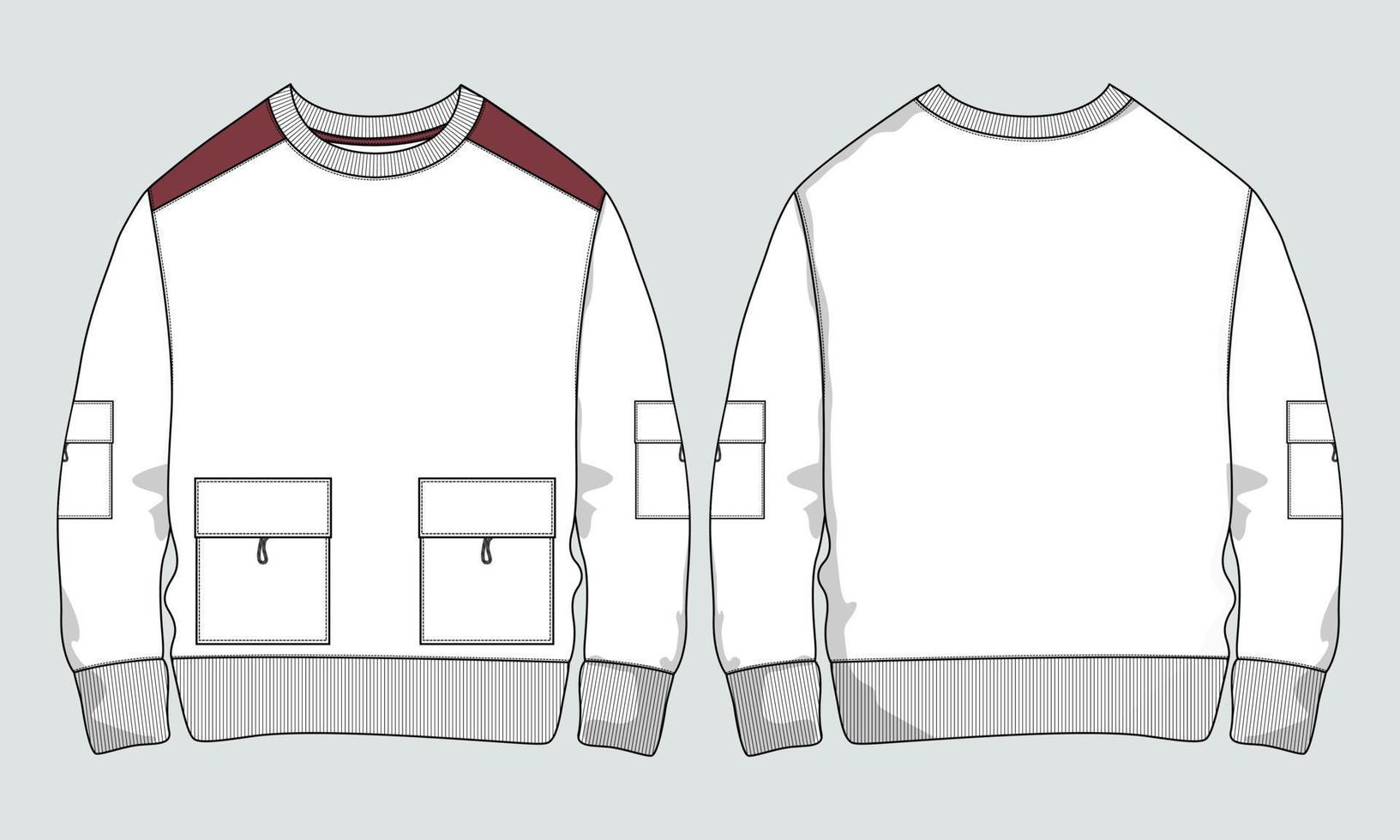 Fleece fabric Long sleeve with pocket Sweatshirt jacket technical drawing fashion Flat Sketch vector illustration template front and back views.