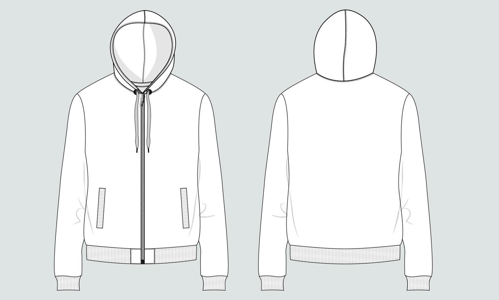 Long sleeve Hoodie technical drawing fashion Flat Sketch vector illustration template front and back views.