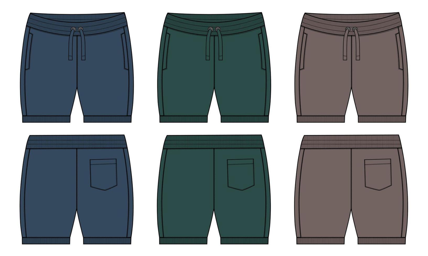 pantalones cortos de chándal para niños, dibujo técnico, plantilla de ilustración de vector de boceto plano de moda, vistas frontal y posterior.