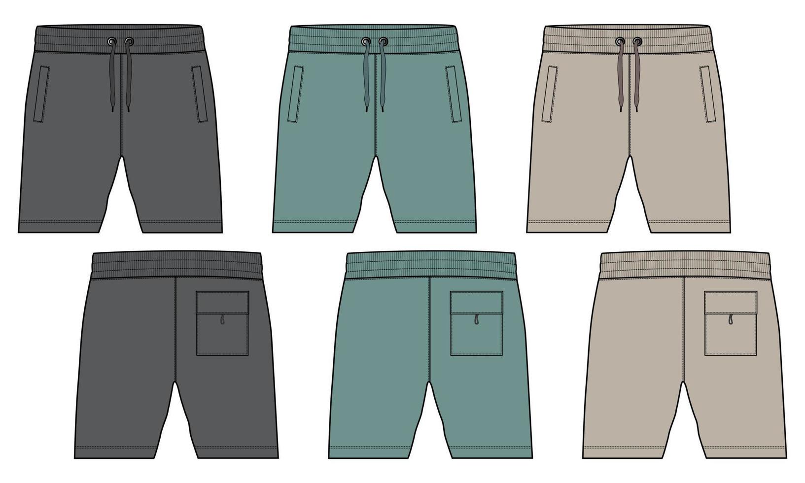 pantalones cortos de chándal para niños, dibujo técnico, plantilla de ilustración de vector de boceto plano de moda, vistas frontal y posterior.