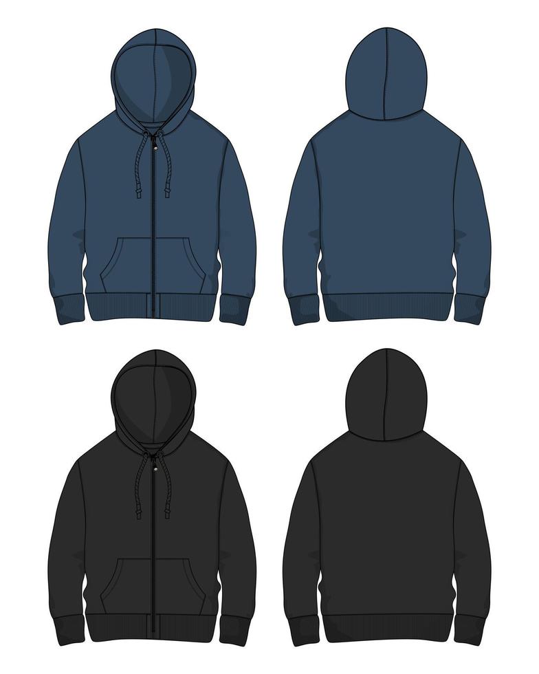 Long sleeve Hoodie technical drawing fashion Flat Sketch vector illustration template front and back views.