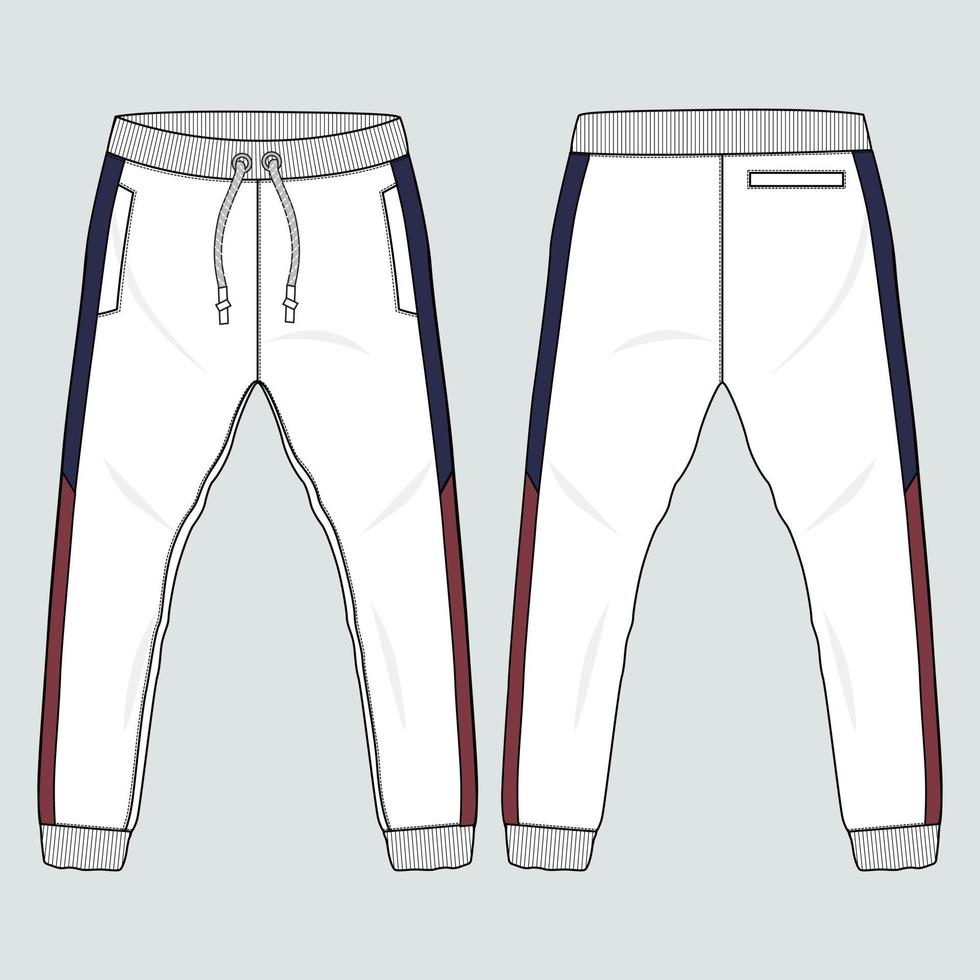 jogger de tela de algodón polar pantalones de chándal moda técnica dibujo plano vector ilustración plantilla frontal, vistas traseras.