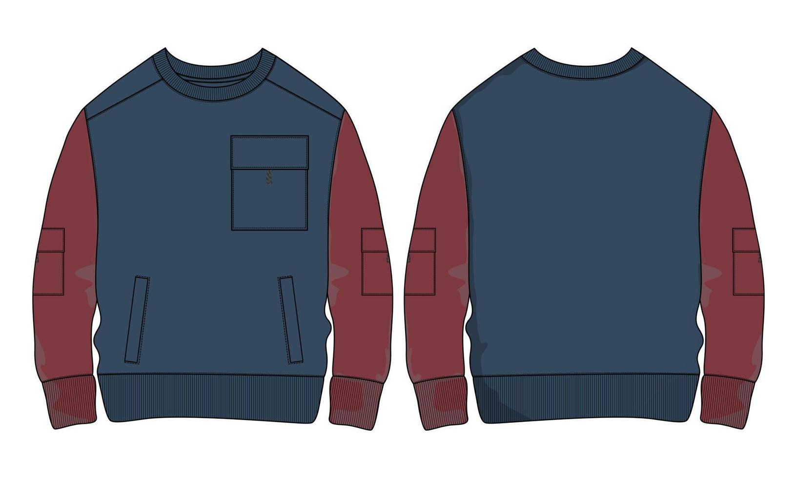 Fleece fabric Long sleeve with pocket Sweatshirt jacket technical drawing fashion Flat Sketch vector illustration template front and back views.