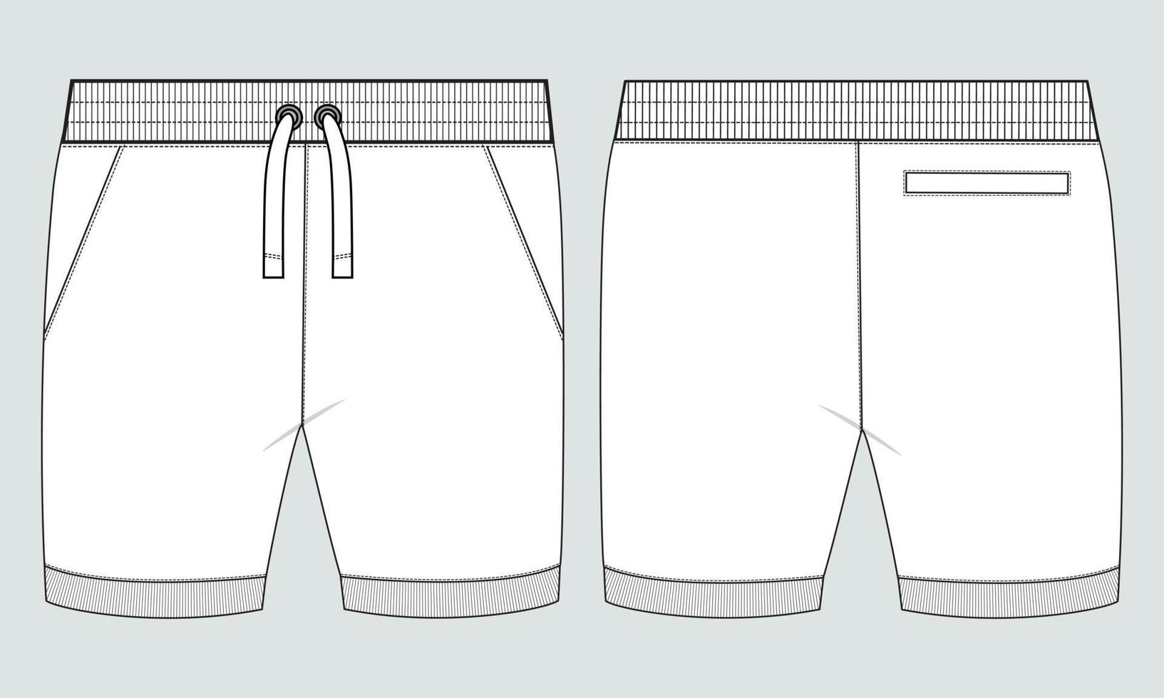 pantalones cortos de chándal para niños, dibujo técnico, plantilla de ilustración de vector de boceto plano de moda, vistas frontal y posterior.