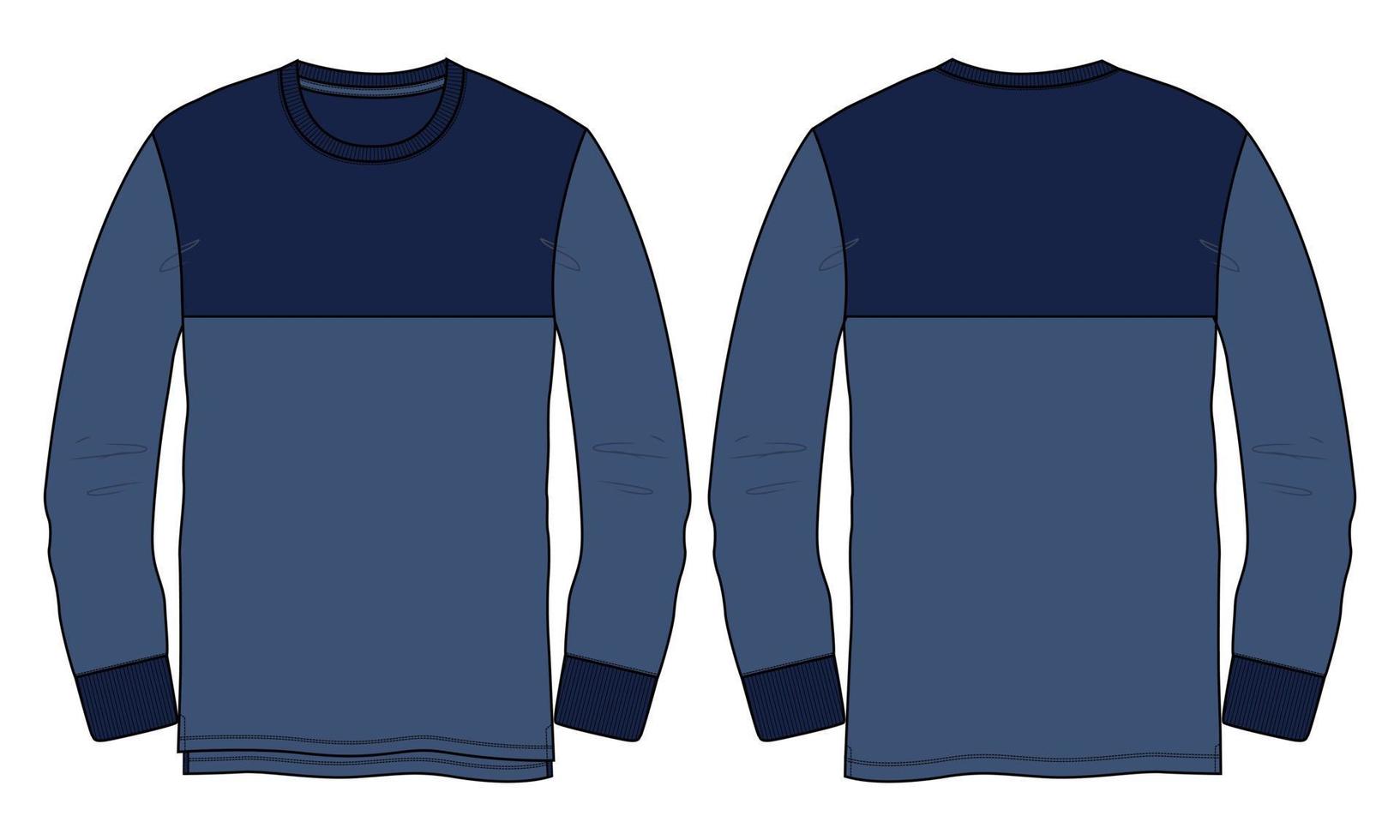 Long sleeve With chest cut and sew T shirt technical fashion Flat Sketch vector illustration template Front and back views.