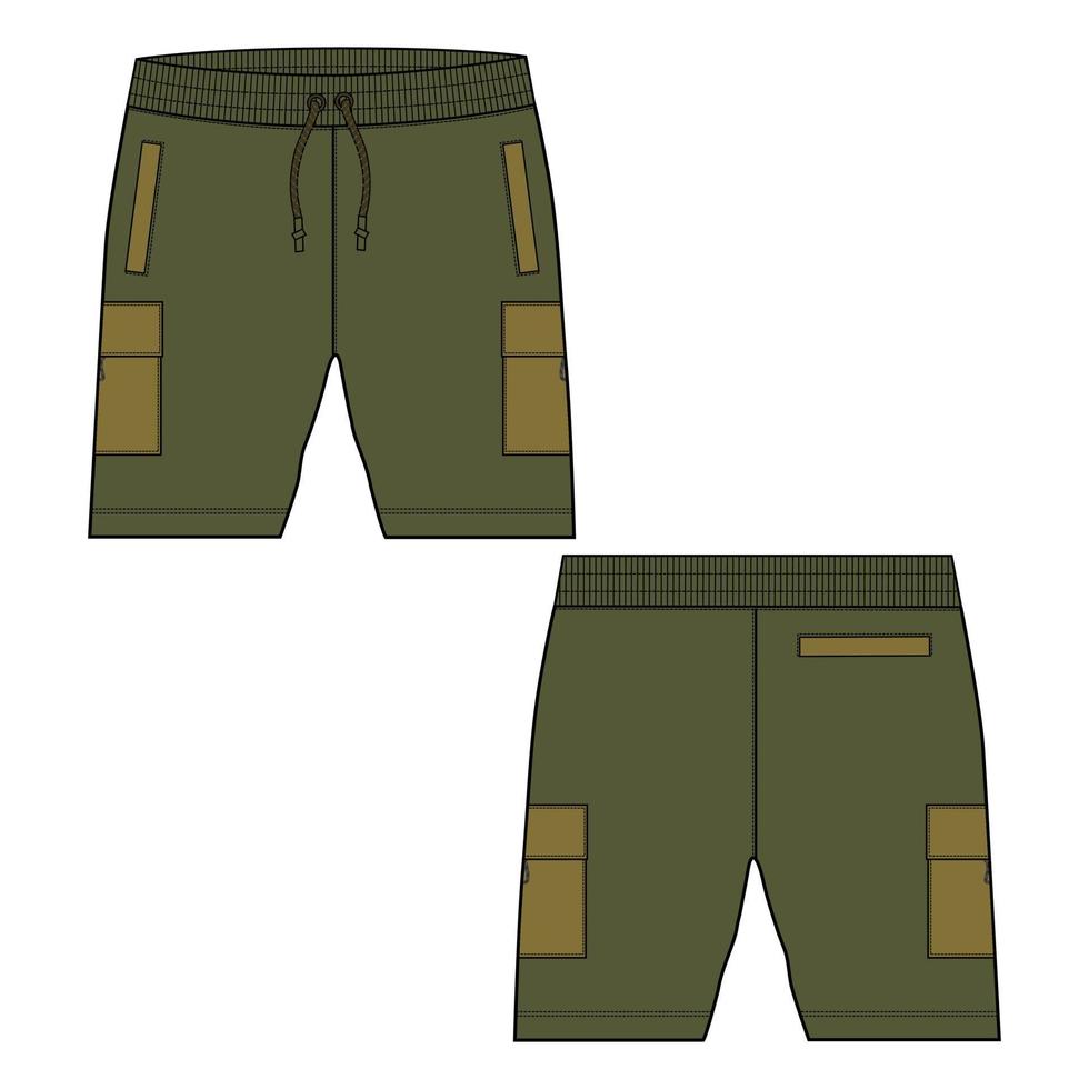 pantalones cortos de chándal para niños, dibujo técnico, plantilla de ilustración de vector de boceto plano de moda, vistas frontal y posterior.