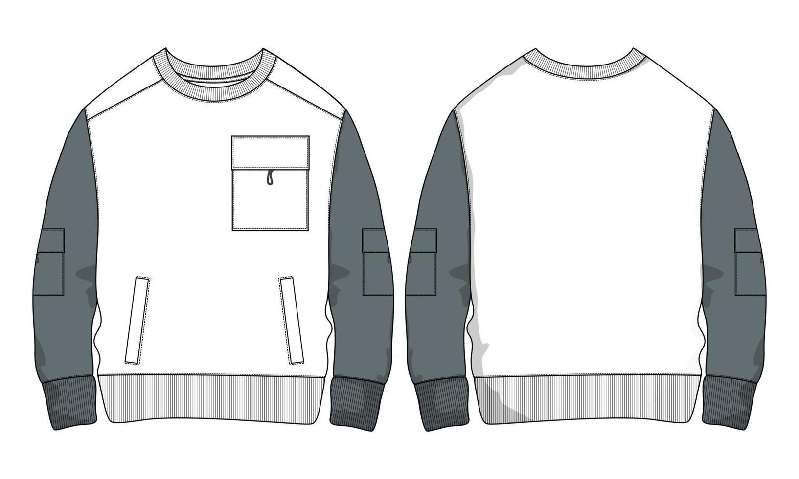 Fleece fabric Long sleeve with pocket Sweatshirt jacket technical drawing fashion Flat Sketch vector illustration template front and back views.