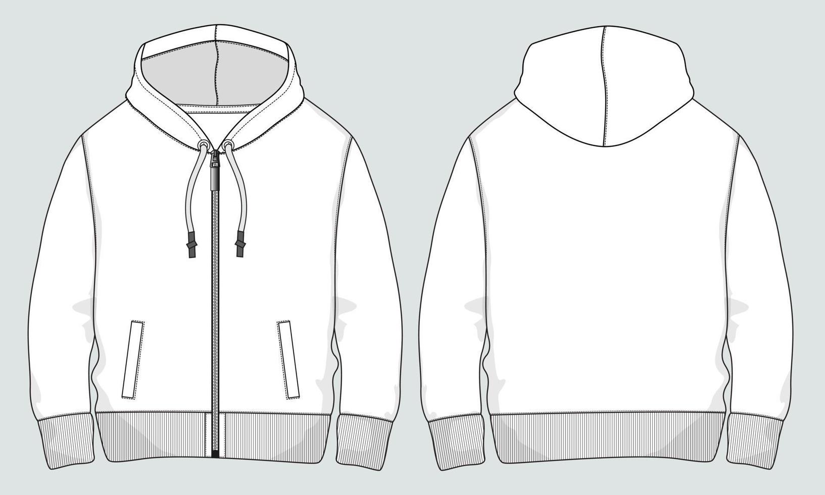 Long sleeve Hoodie technical drawing fashion Flat Sketch vector illustration template front and back views.